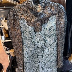 Lanvin Black and Silver Lace Dress with Green Pattern